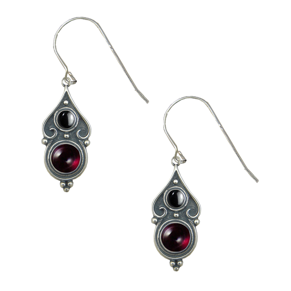 Sterling Silver Designer Post Stud Earrings With Garnet And Hematite